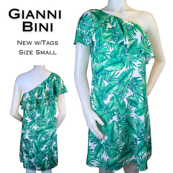 New Gianni Bini Pam Shift Minidress Small One Shoulder Green Palm Leaf Tropical - Picture 1 of 10